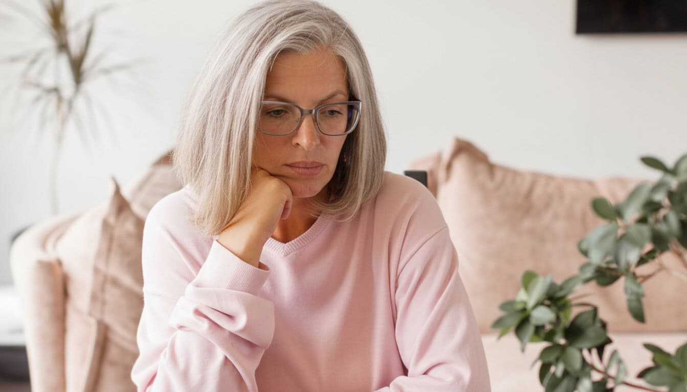 A professional woman at her desk, mid-thought