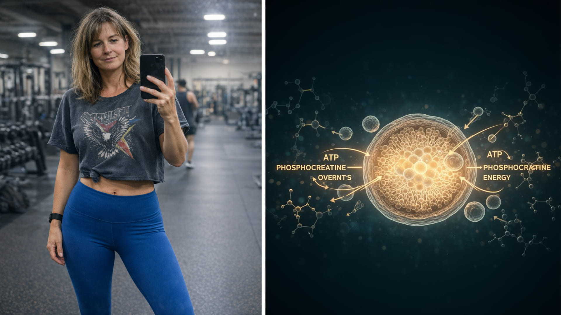 A woman in her mid-40s at the gym, composed and focused after finishing a set